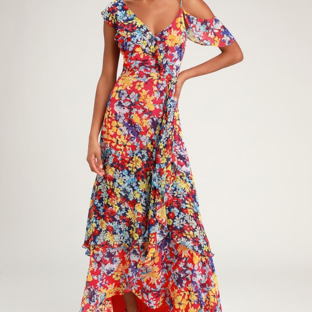 Radiant Ruby Red Floral Print Chiffon Maxi Dress